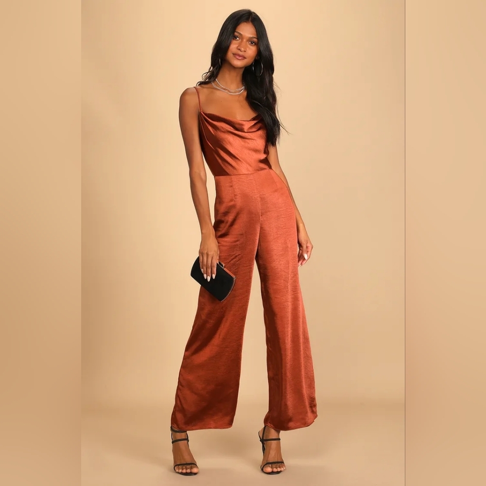 Lulus Perfect Night Brown Satin Cowl Neck Culotte Jumpsuit S Wedding Party - Picture 2 of 12